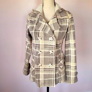Maurices Lightweight Tan Plaid Fleece Lined Pea Coat Jacket Women's Size XL